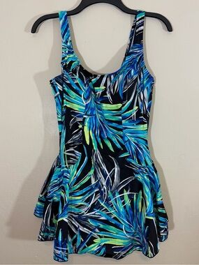Azul by Maxine of Hollywood One Piece Swimsuit Swim Dress 14 Tropical Print